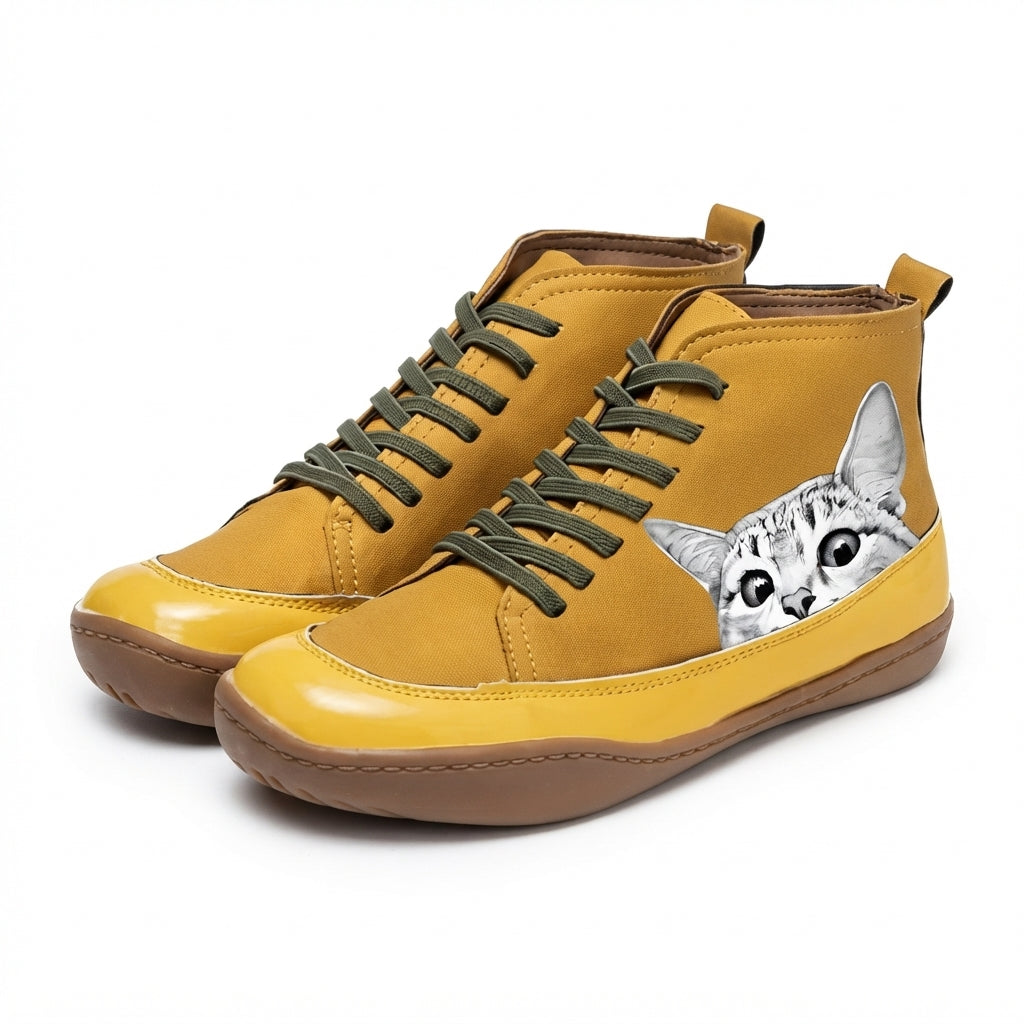 Kitty | Comfortable Cat Print Lace-Up Ankle Boots