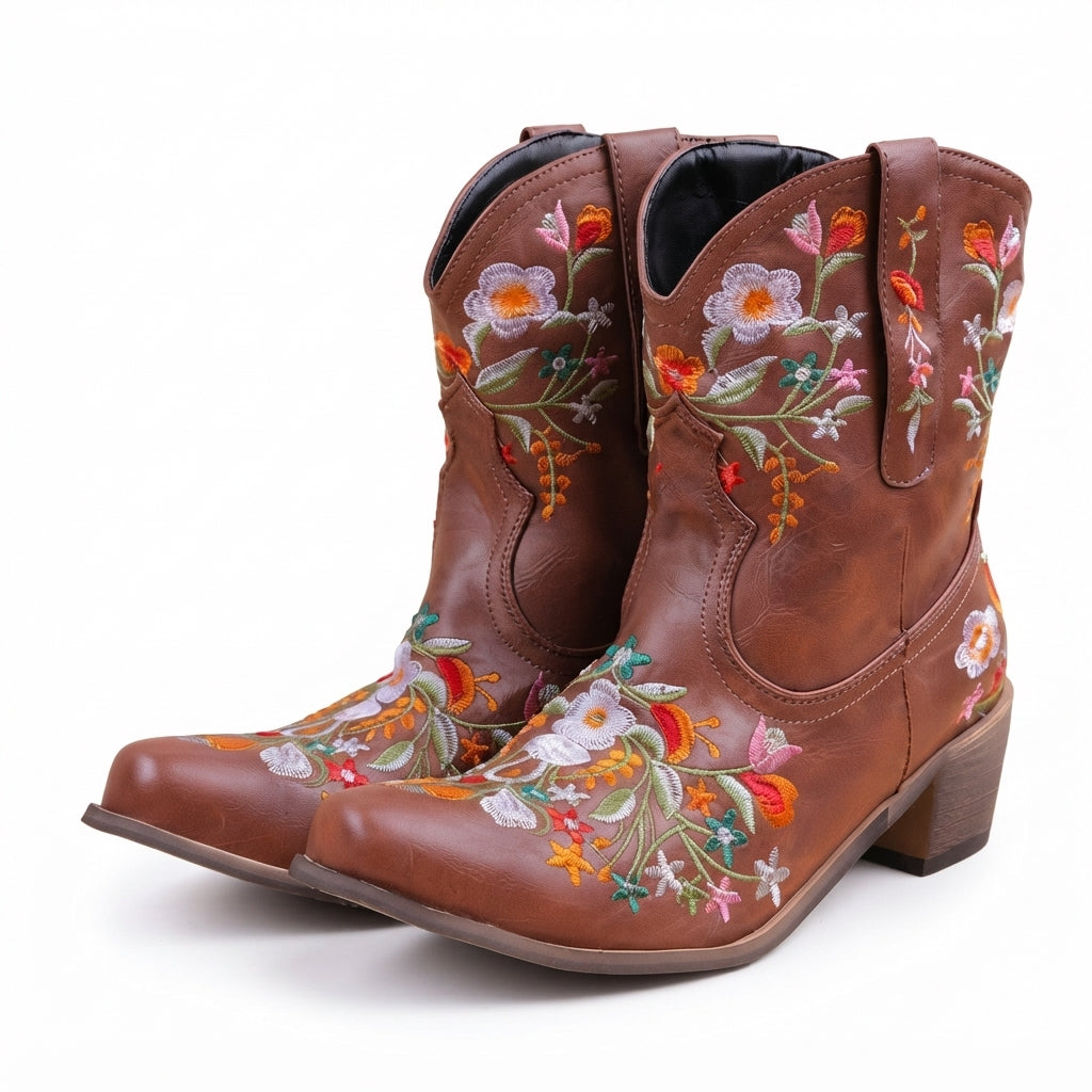 Beatrix | Vintage Embroidered Heeled Ankle Cowboy Boots for Women