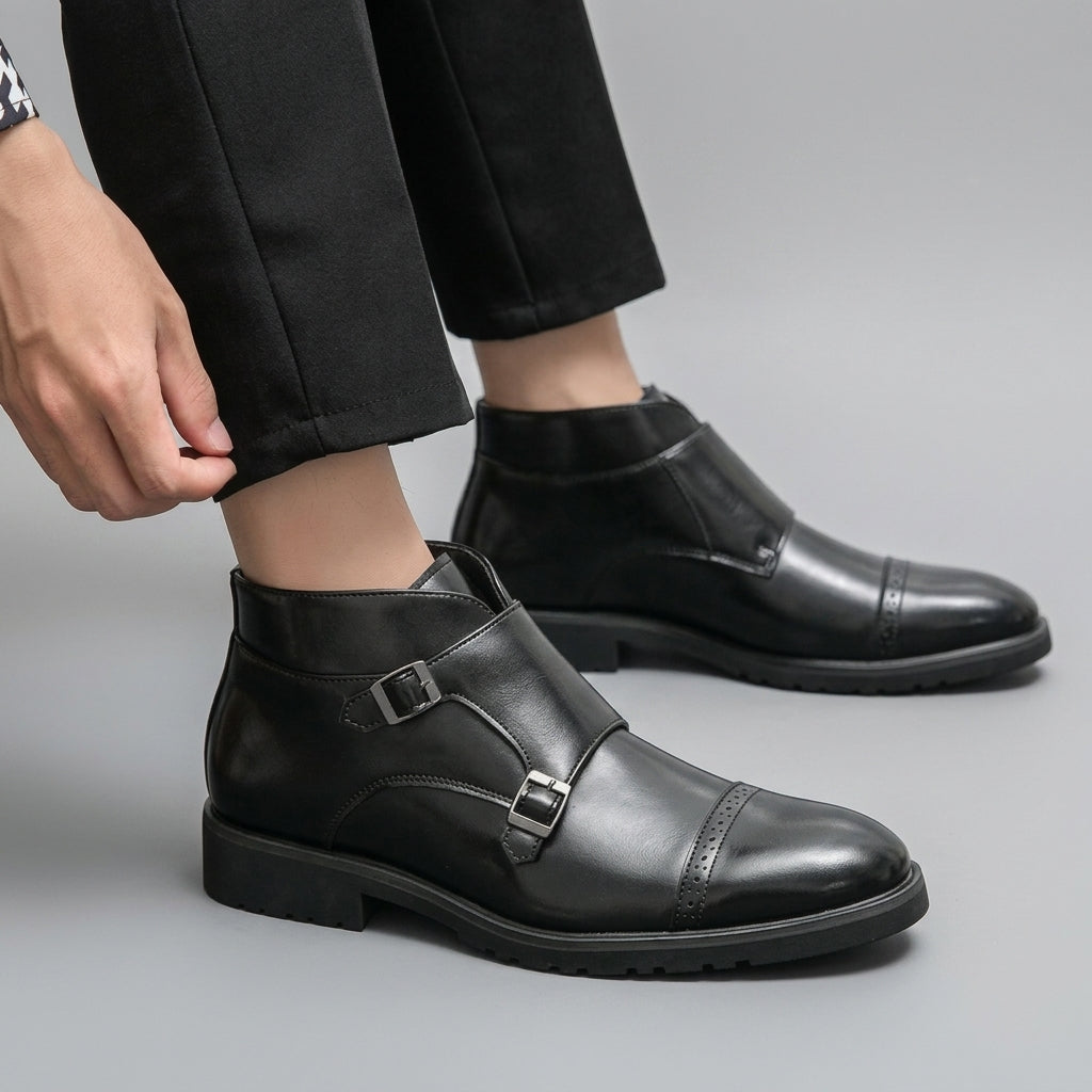 Octavian | Polished Leather Monk Strap Ankle Boots for Men
