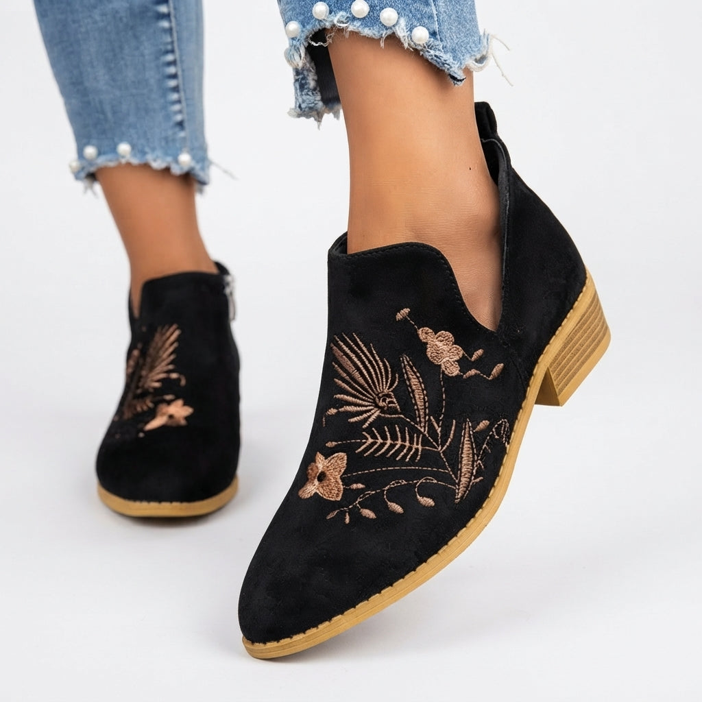 Una | Vintage Embroidered Suede Heeled Ankle Boots for Women