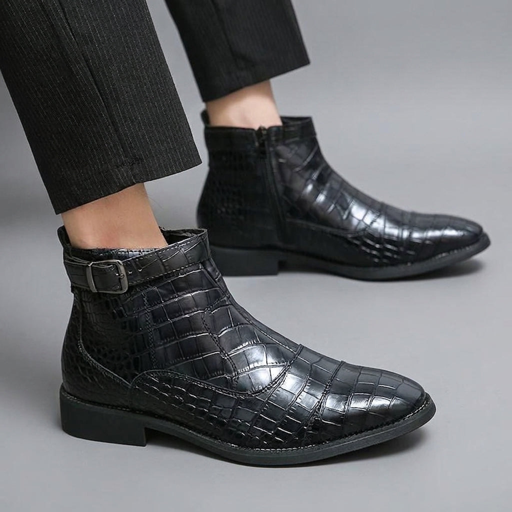 Sullivan | Sleek Croc-Embossed Leather Buckle Ankle Boots for Men