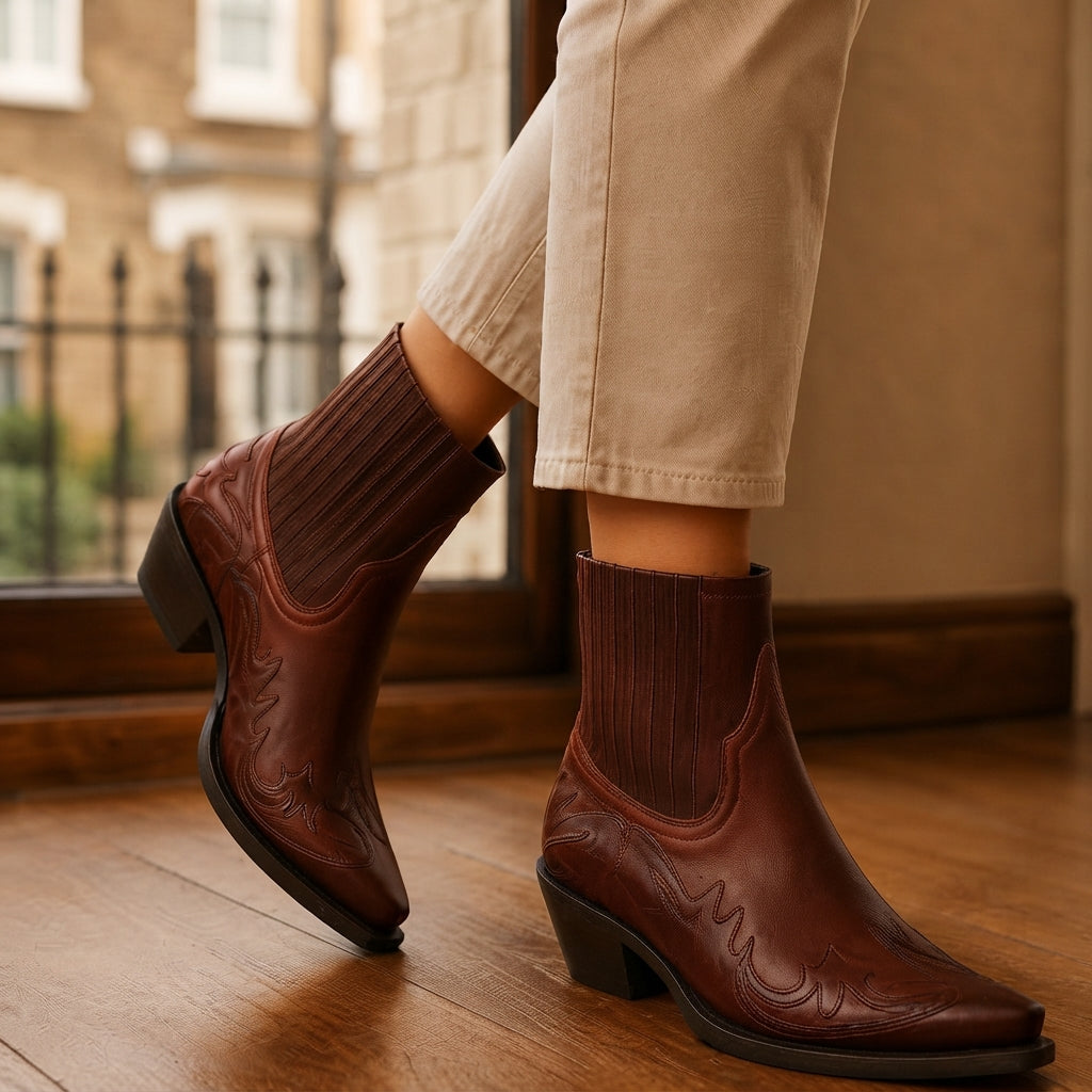 Seraphina | Sharp Leather Cowboy Chelsea Ankle Boots for Women
