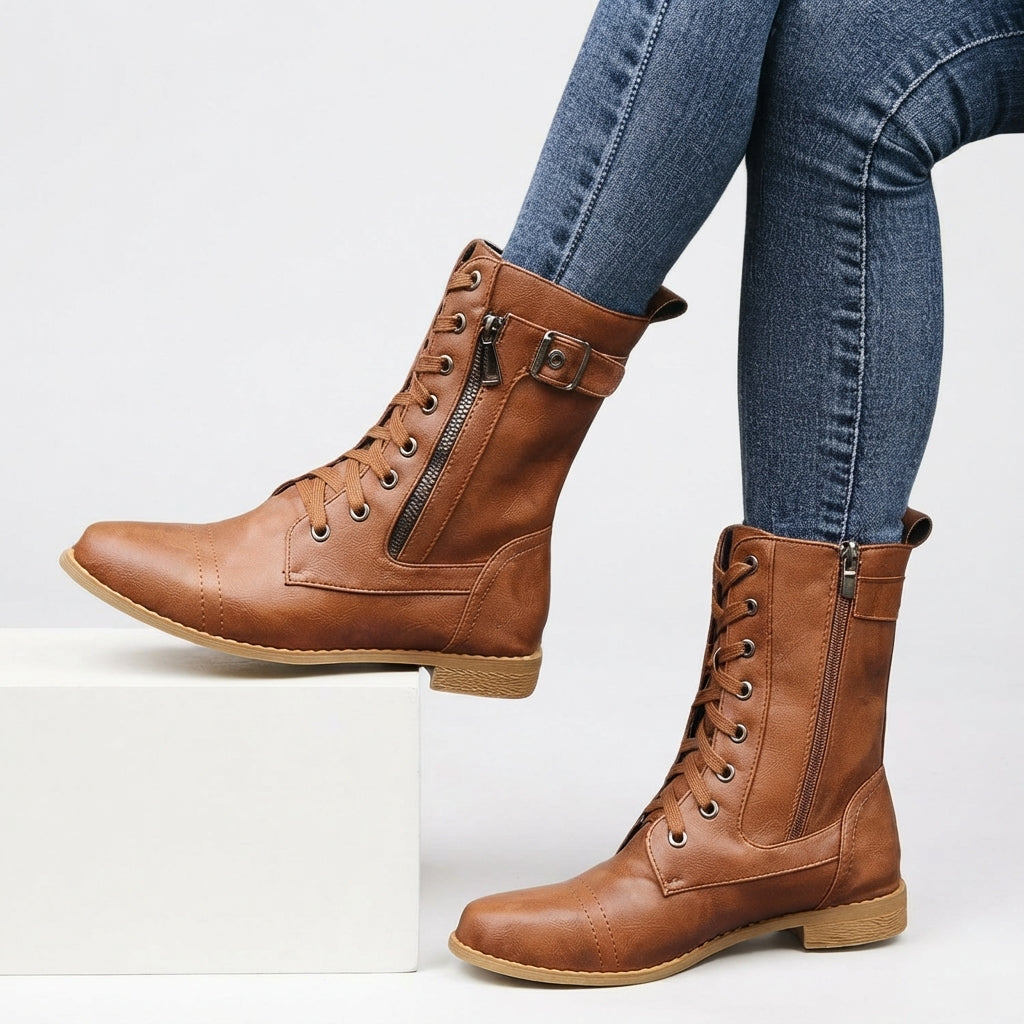 Everly | Sturdy Lace-Up Buckle Biker Boots for Women