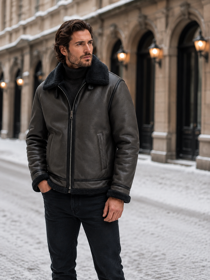 Keaton | Rugged Shearling Collar Leather Jacket Men