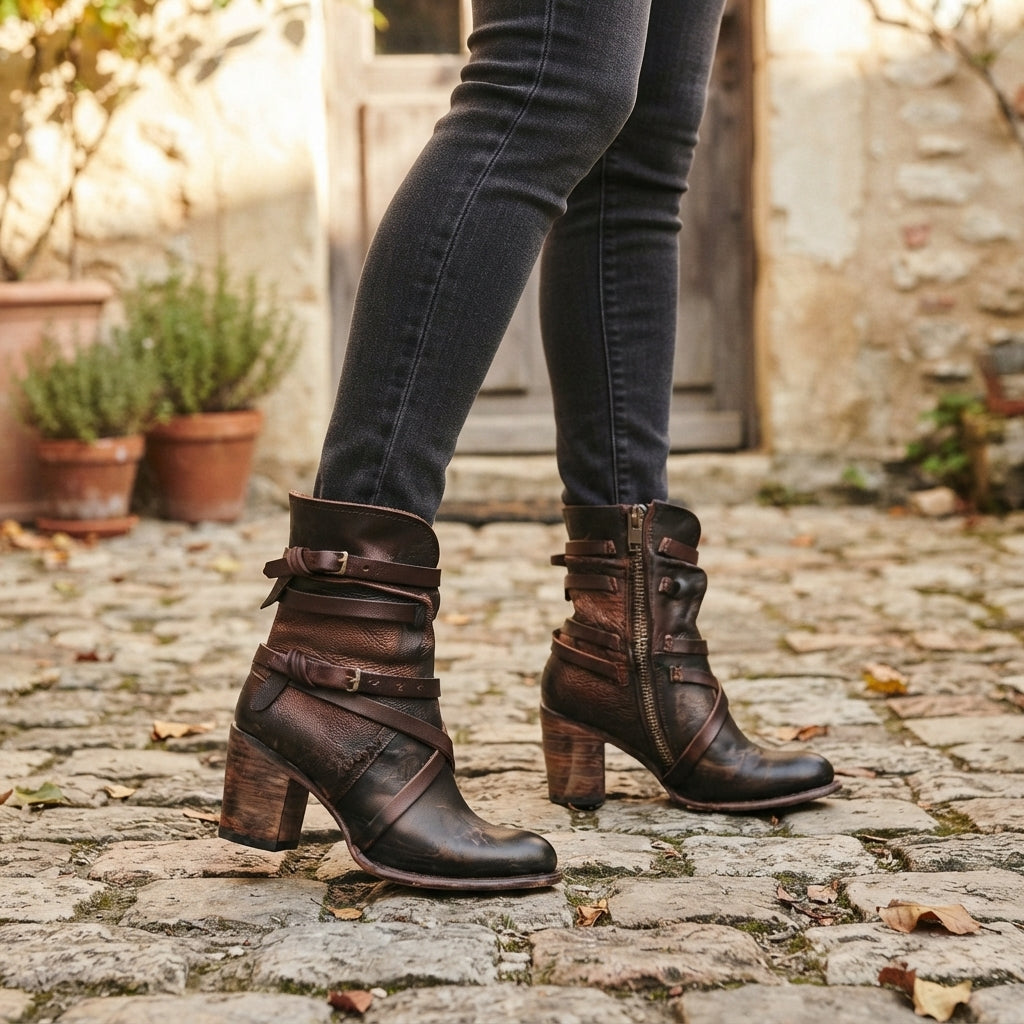Marceline | Rugged Buckle Strap Biker Boots for Women