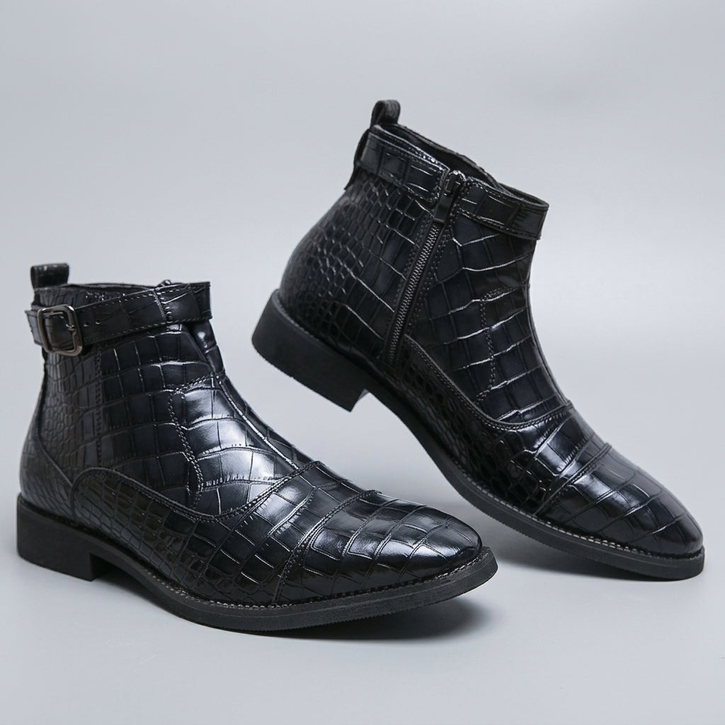 Sullivan | Sleek Croc-Embossed Leather Buckle Ankle Boots for Men