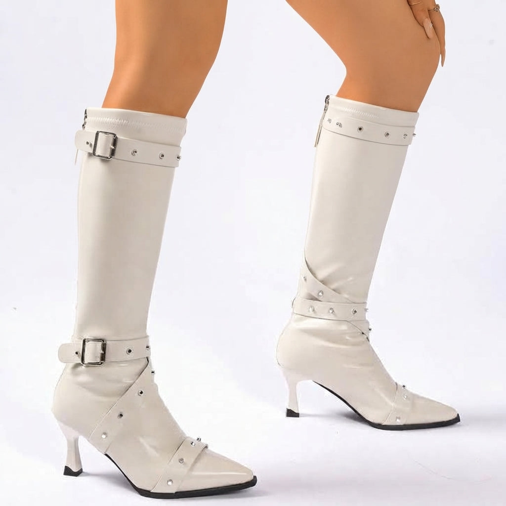 Antonia | Sharp Pointed Toe Heeled Knee High Boots for Women
