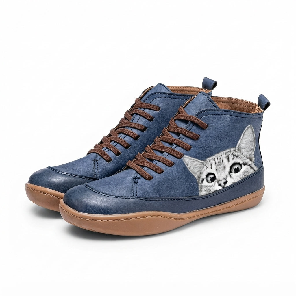 Kitty | Comfortable Cat Print Lace-Up Ankle Boots