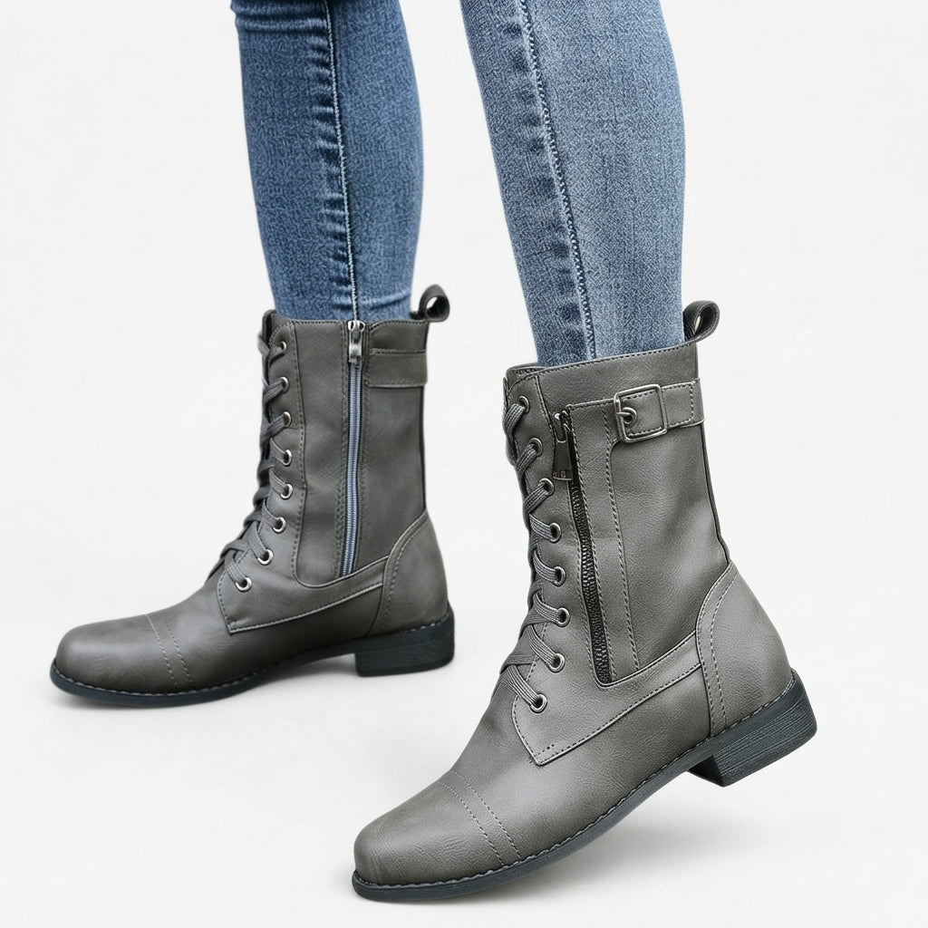 Everly | Sturdy Lace-Up Buckle Biker Boots for Women