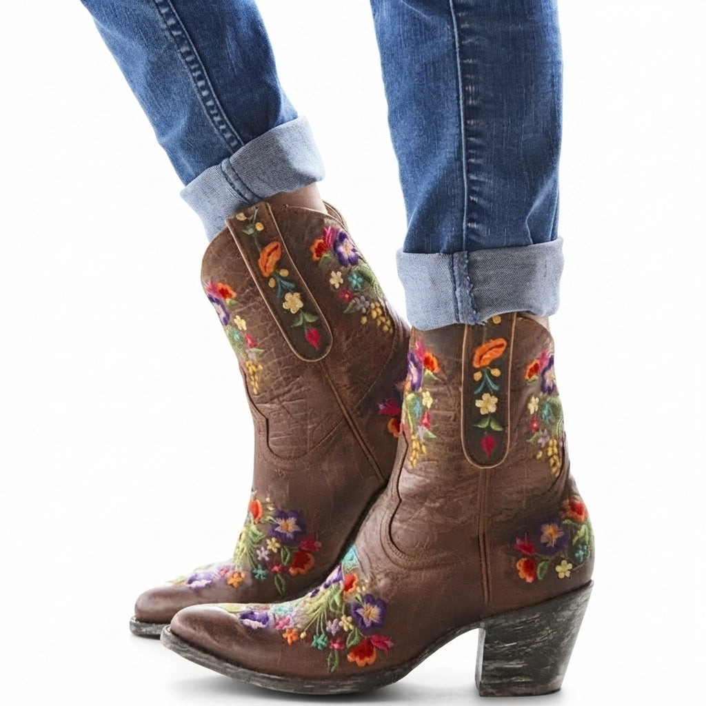 Beatrix | Vintage Embroidered Heeled Ankle Cowboy Boots for Women