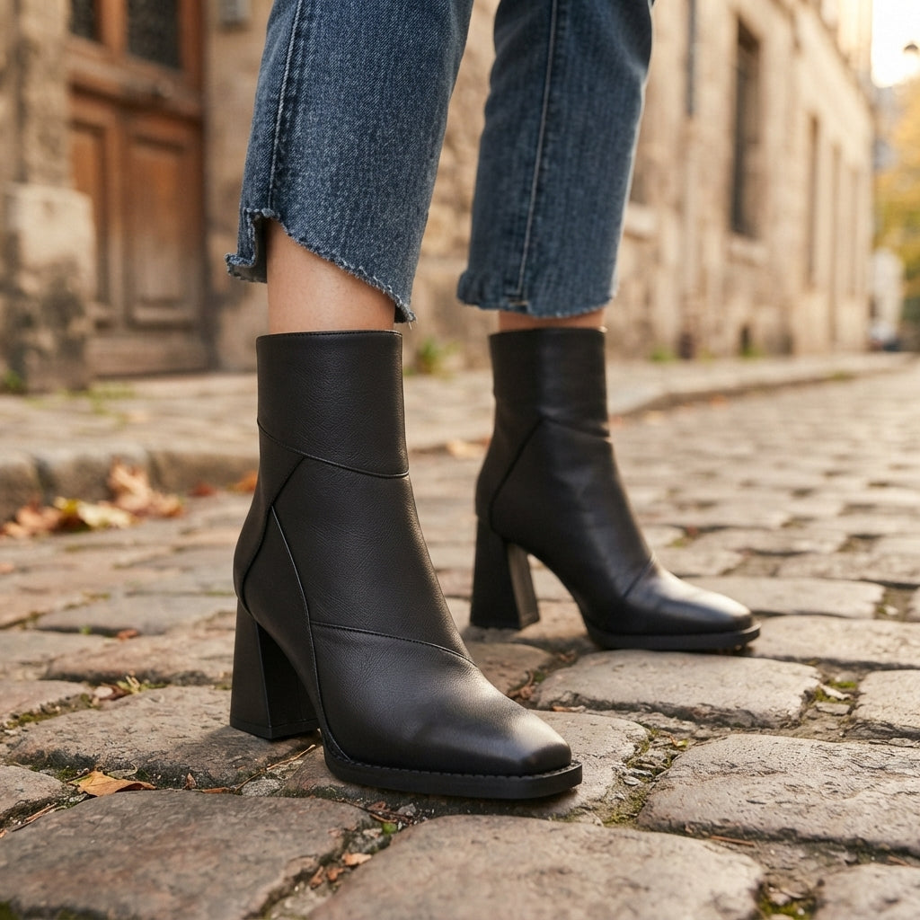 Amelie | Polished Square Toe Heeled Ankle Boots