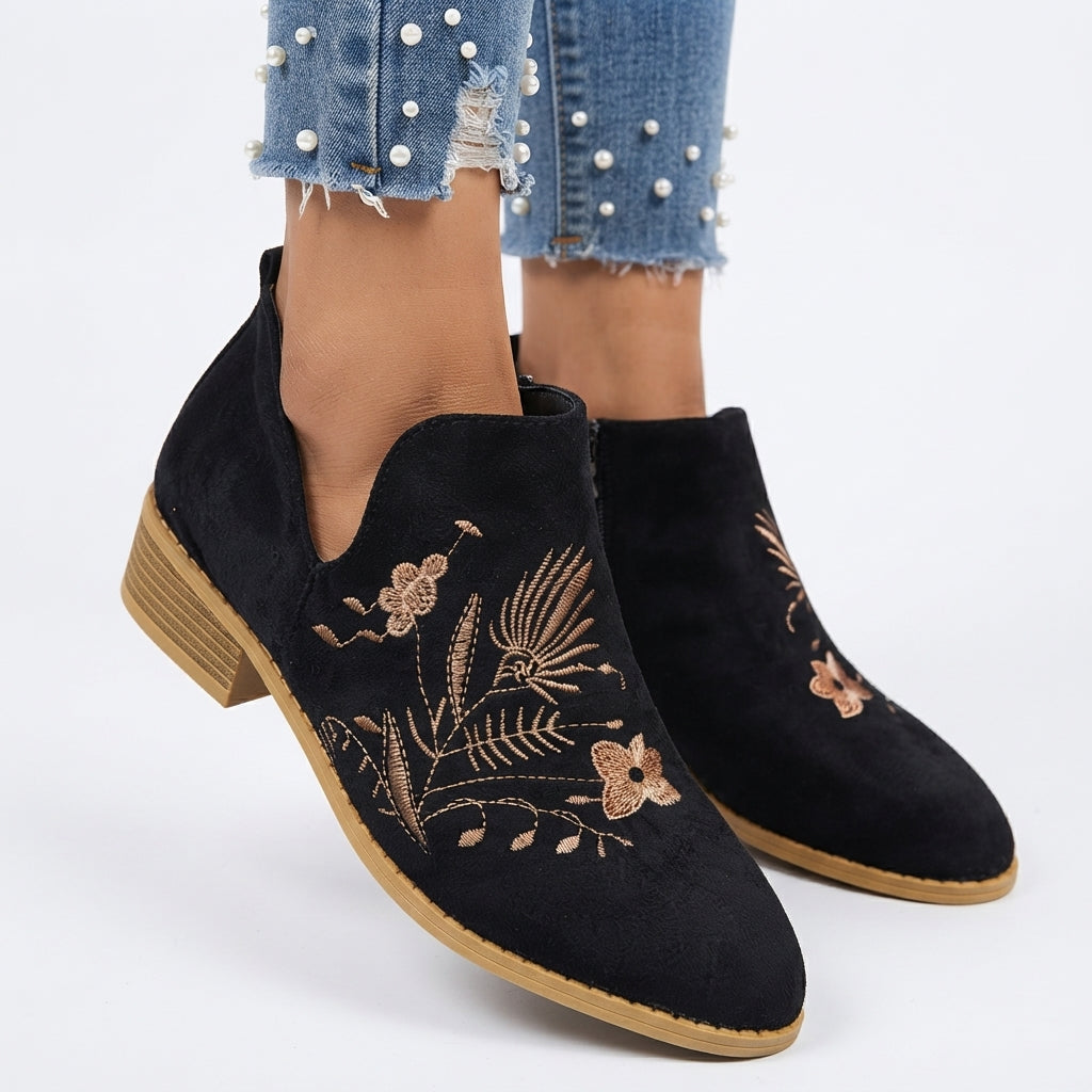 Una | Vintage Embroidered Suede Heeled Ankle Boots for Women