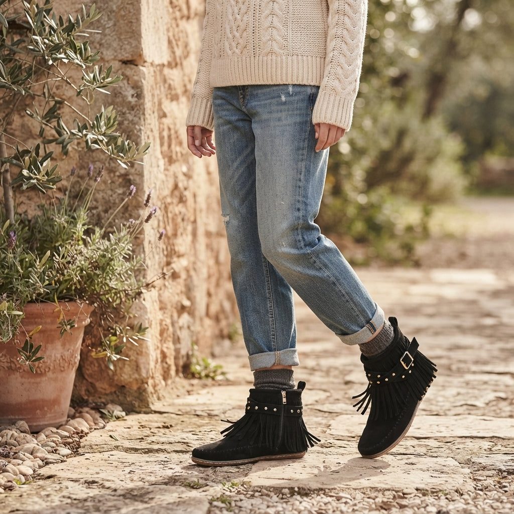 Isla | Relaxed Suede Fringe Ankle Boots for Women