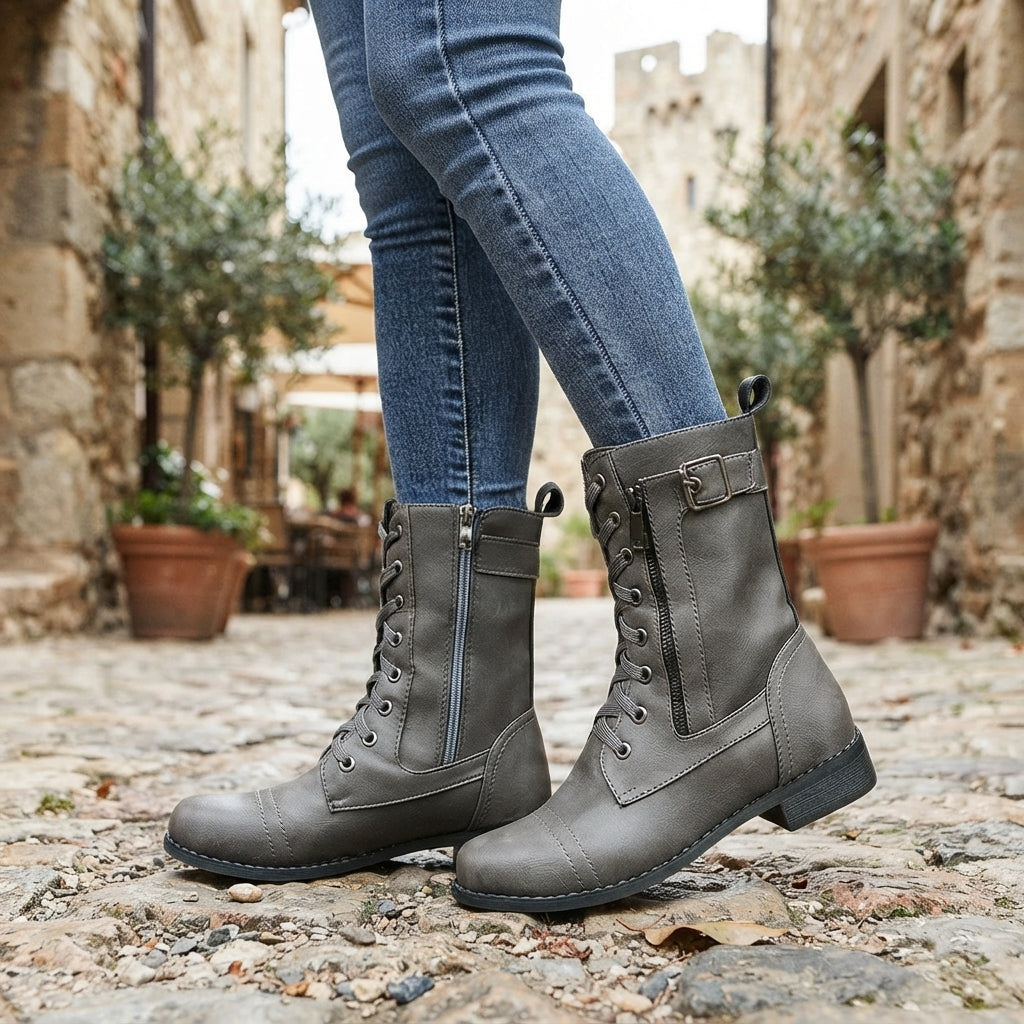 Everly | Sturdy Lace-Up Buckle Biker Boots for Women
