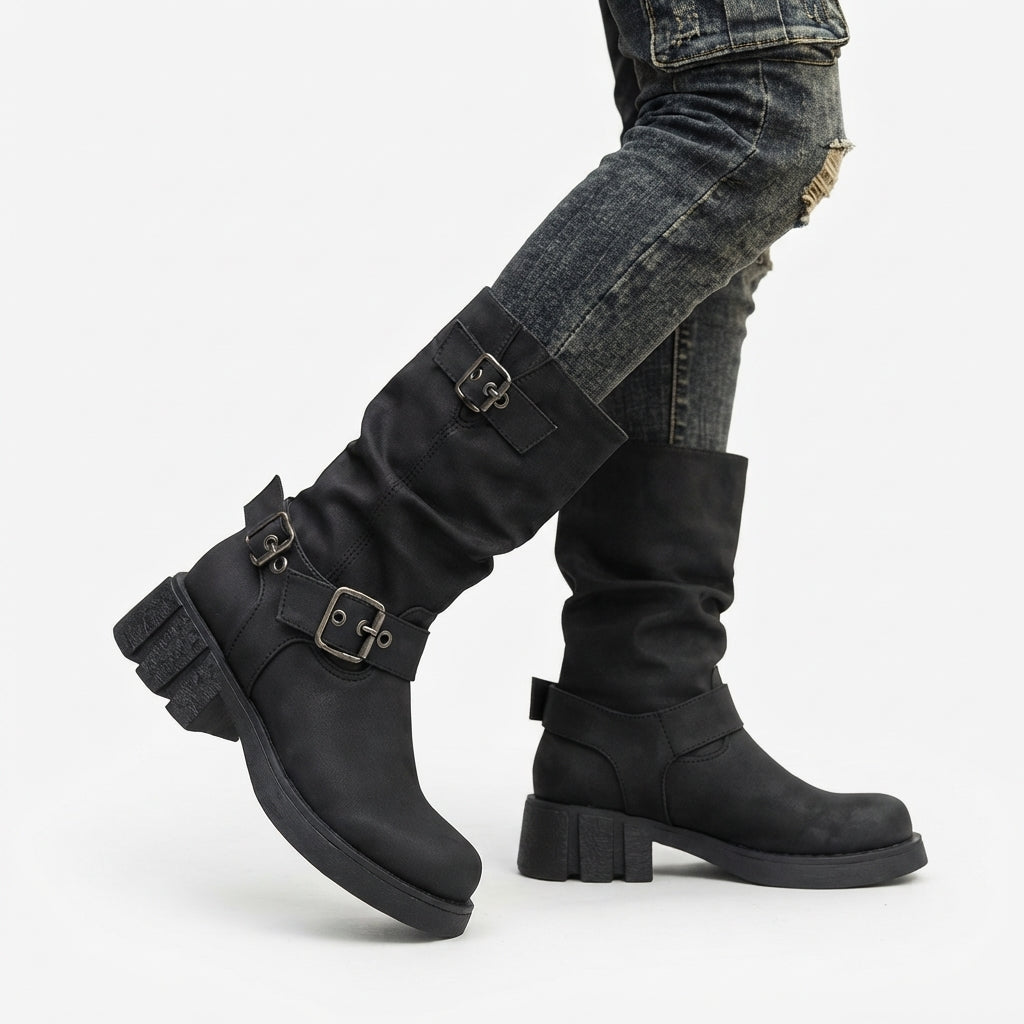 Marcella | Rugged Chunky Slouch Biker Boots for Women