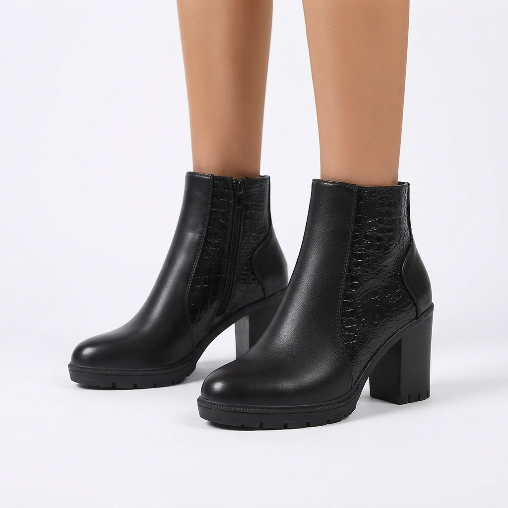 Clara | Stylish Croc-Embossed Chunky Heel Ankle Boots