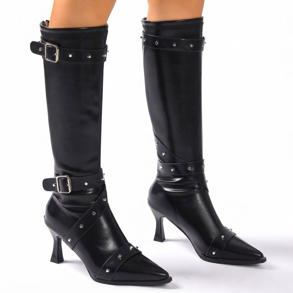 Antonia | Sharp Pointed Toe Heeled Knee High Boots for Women