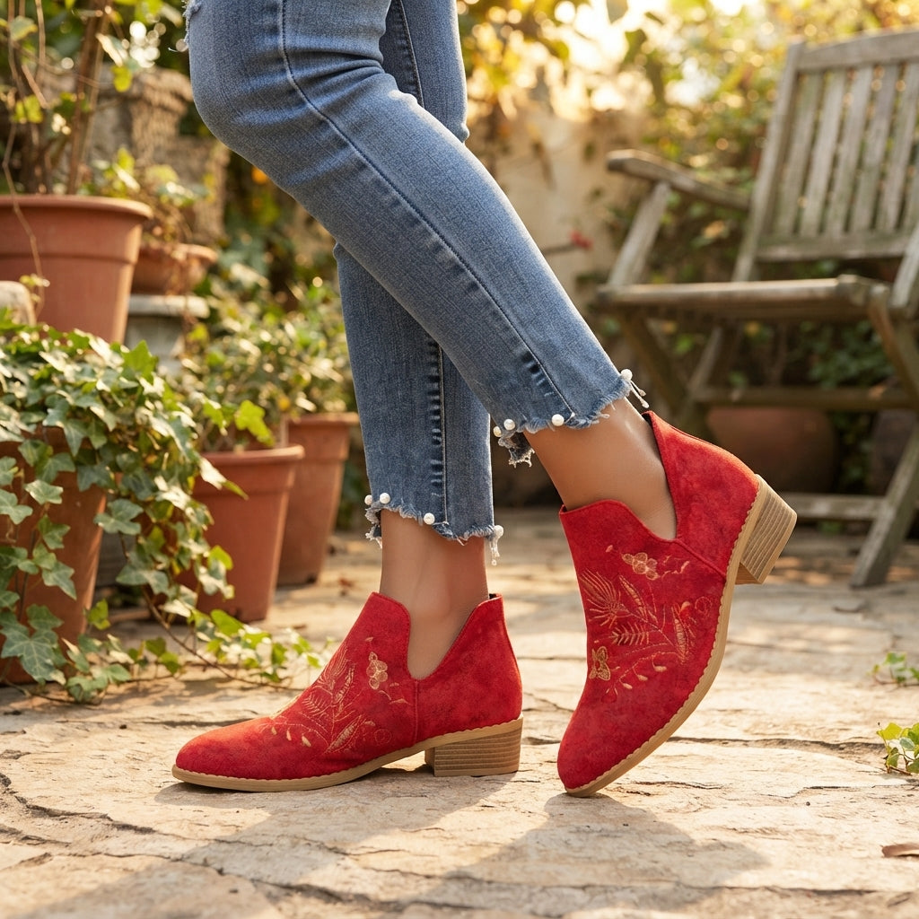 Una | Vintage Embroidered Suede Heeled Ankle Boots for Women