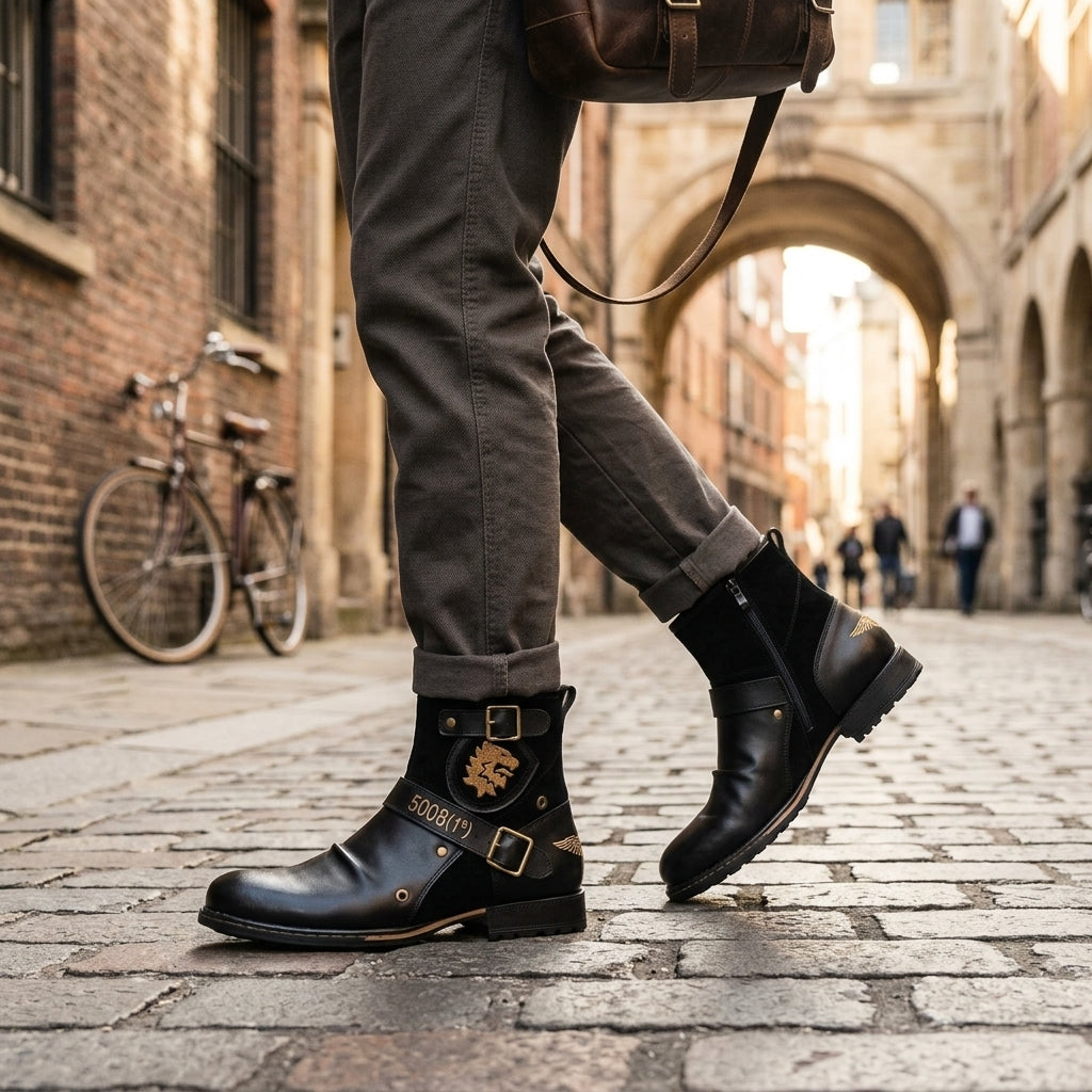 Axel | Rugged Leather Buckle Biker Ankle Boots for Men