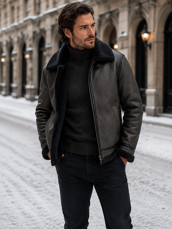 Keaton | Rugged Shearling Collar Leather Jacket Men