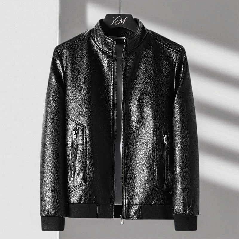 Rhydian | Sharp Ribbed-Collar Leather Bomber Jacket