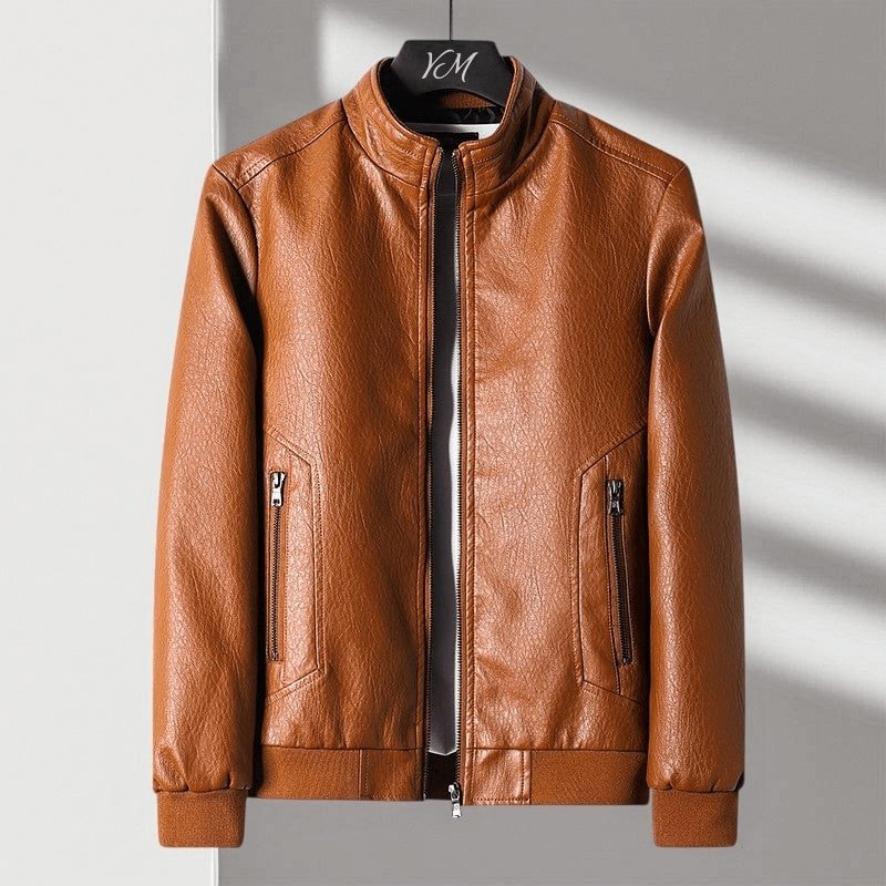 Rhydian | Sharp Ribbed-Collar Leather Bomber Jacket