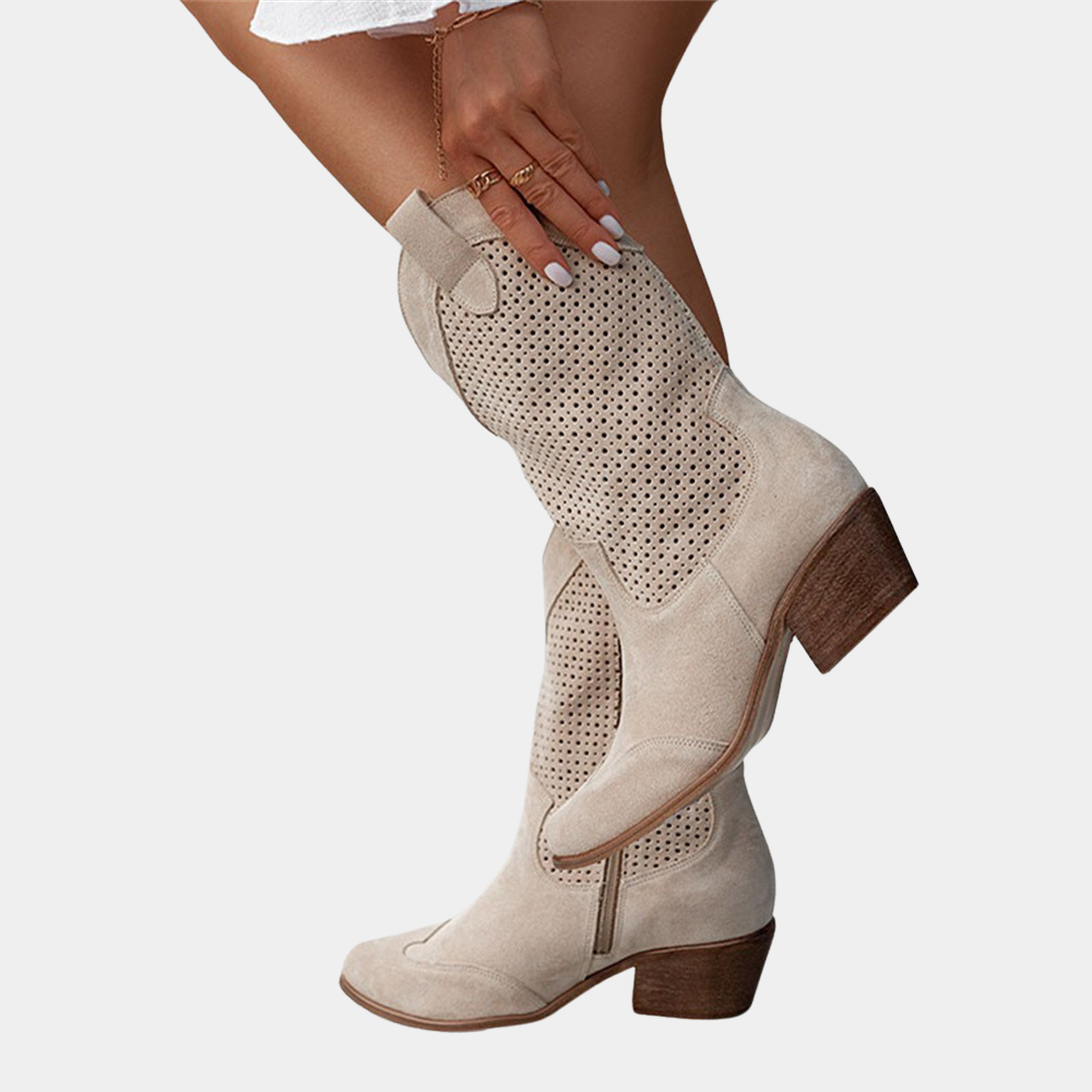 Freida | Airy Perforated Suede Block Heel Boots