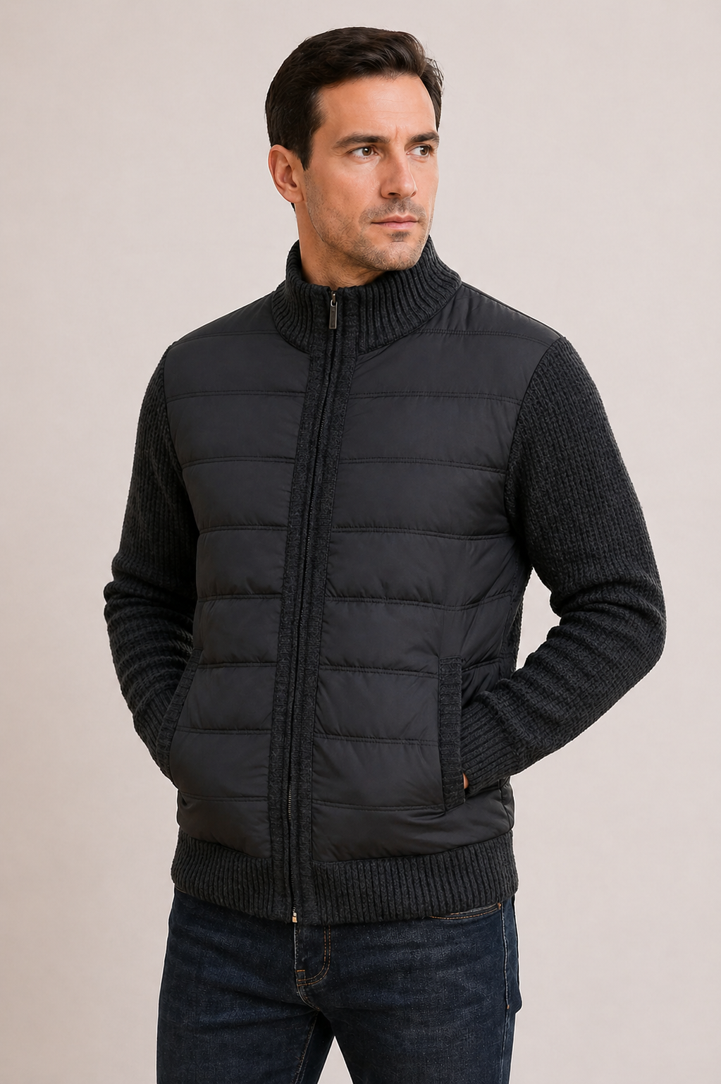 Piers | Warm Quilted Jacket with Knitted Sleeves for Men