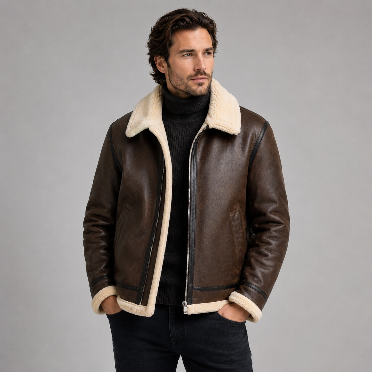 Keaton | Rugged Shearling Collar Leather Jacket Men
