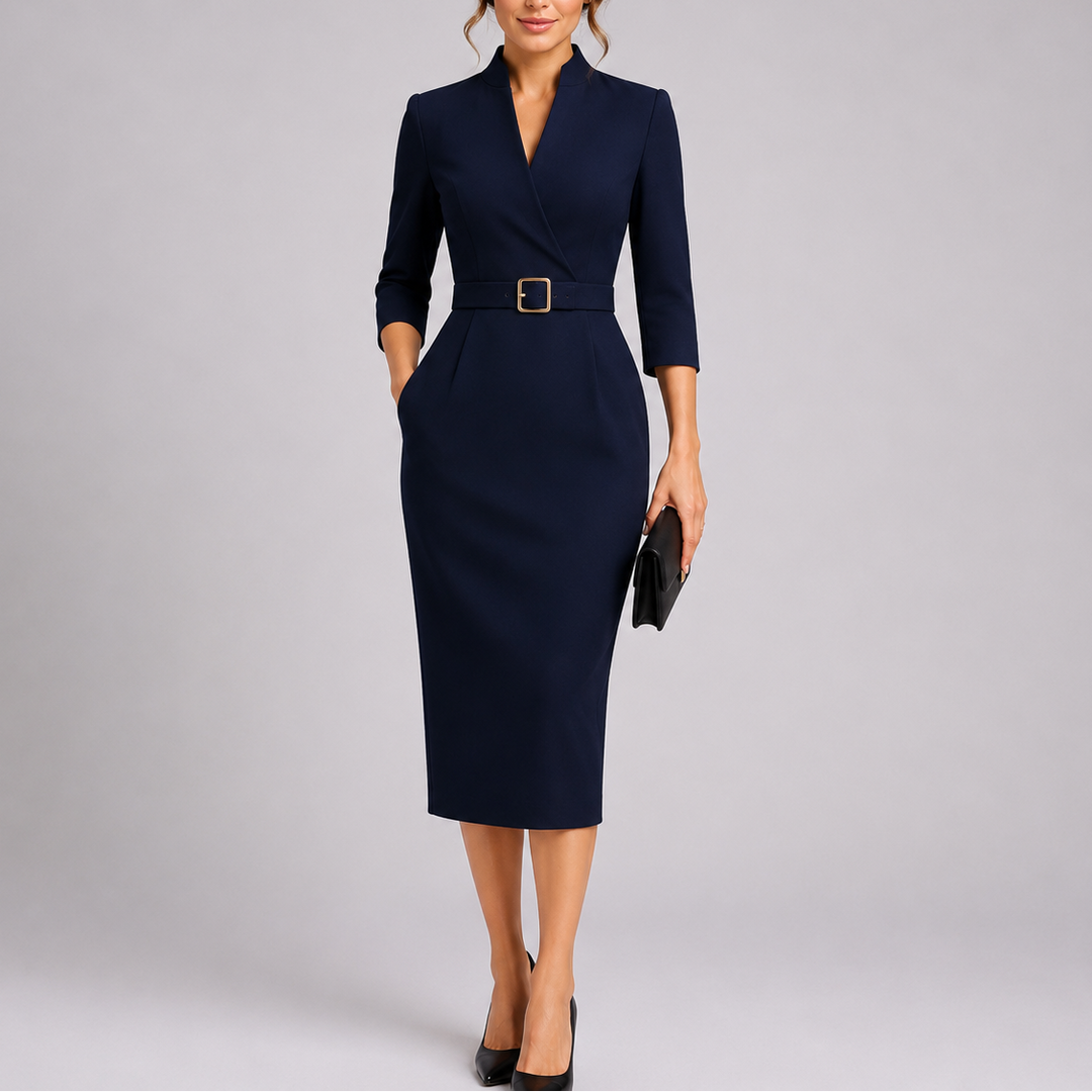 Eustacia | Sleek Belted Midi Pencil Dress with Sleeves