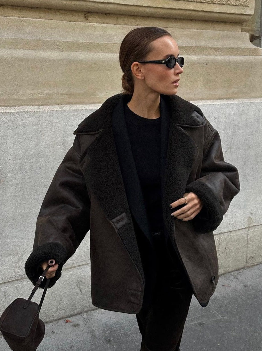 Ninette | Vintage Oversized Shearling Leather Jacket for Women