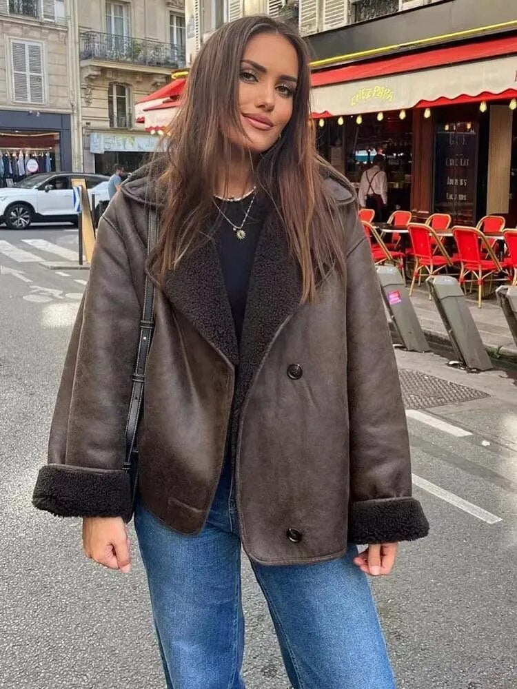 Ninette | Vintage Oversized Shearling Leather Jacket for Women