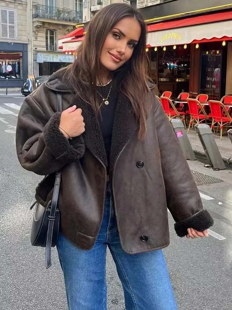Ninette | Vintage Oversized Shearling Leather Jacket for Women