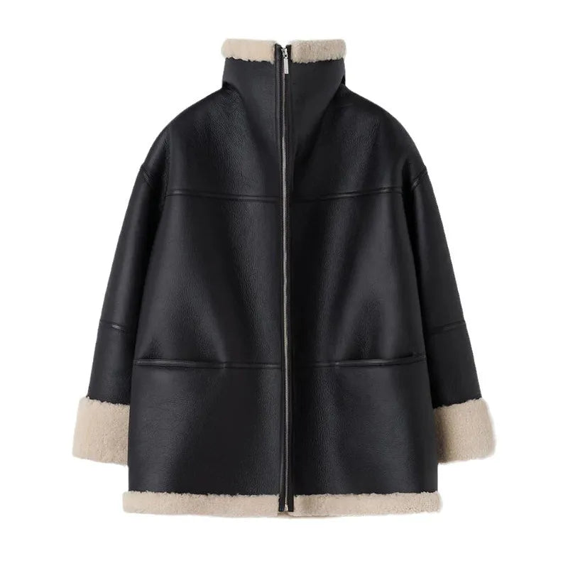 Una | Warm Oversized Shearling Aviator Jacket for Women