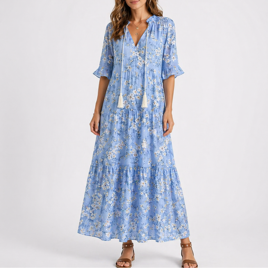 Tallulah | Bold Tie-Neck Tiered Midi Dress with Sleeves