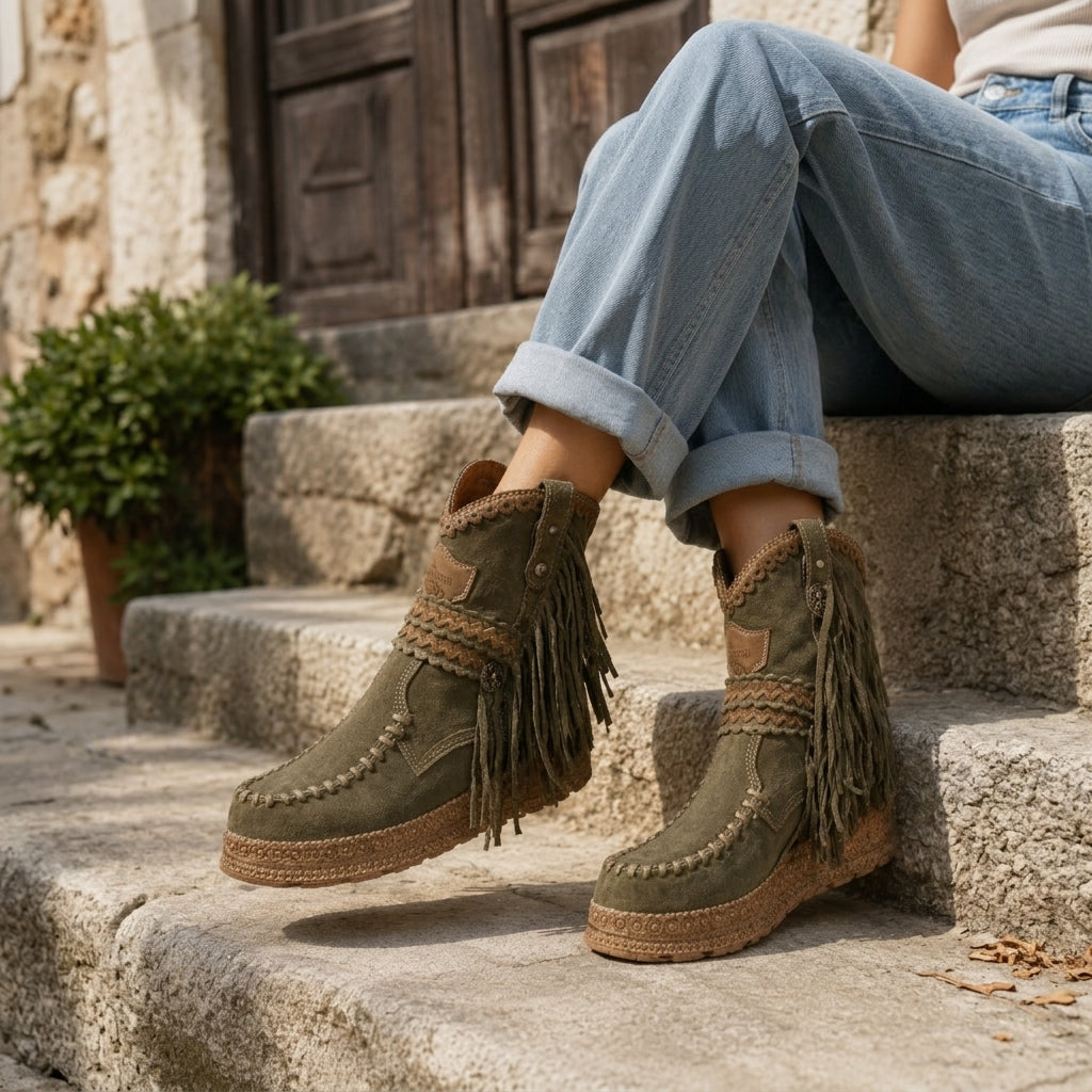 Persephone | Earthy Suede Fringe Ankle Boots Women