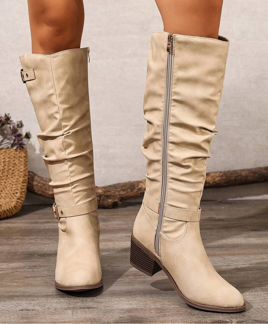 Keela | Polished Buckle-Strap Knee-High Boots