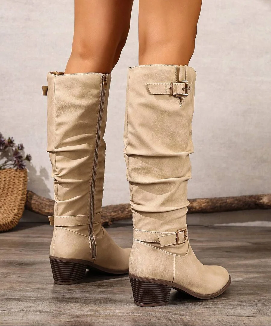 Keela | Polished Buckle-Strap Knee-High Boots