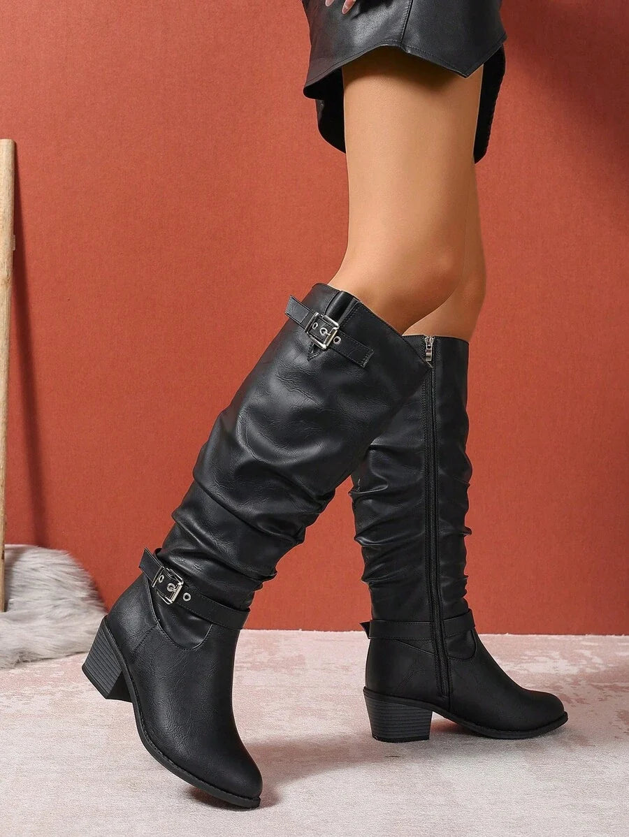 Keela | Polished Buckle-Strap Knee-High Boots