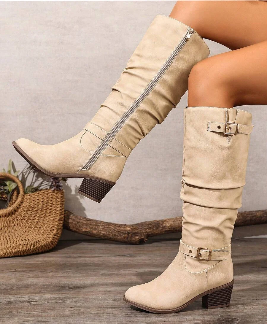 Keela | Polished Buckle-Strap Knee-High Boots