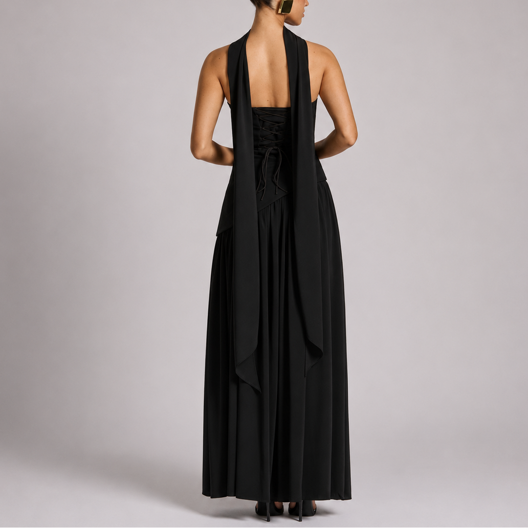 Cressida | Sleek Scarf Neck Backless Maxi Dress