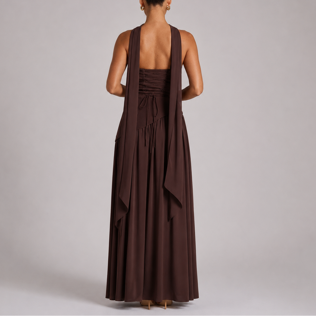 Cressida | Sleek Scarf Neck Backless Maxi Dress