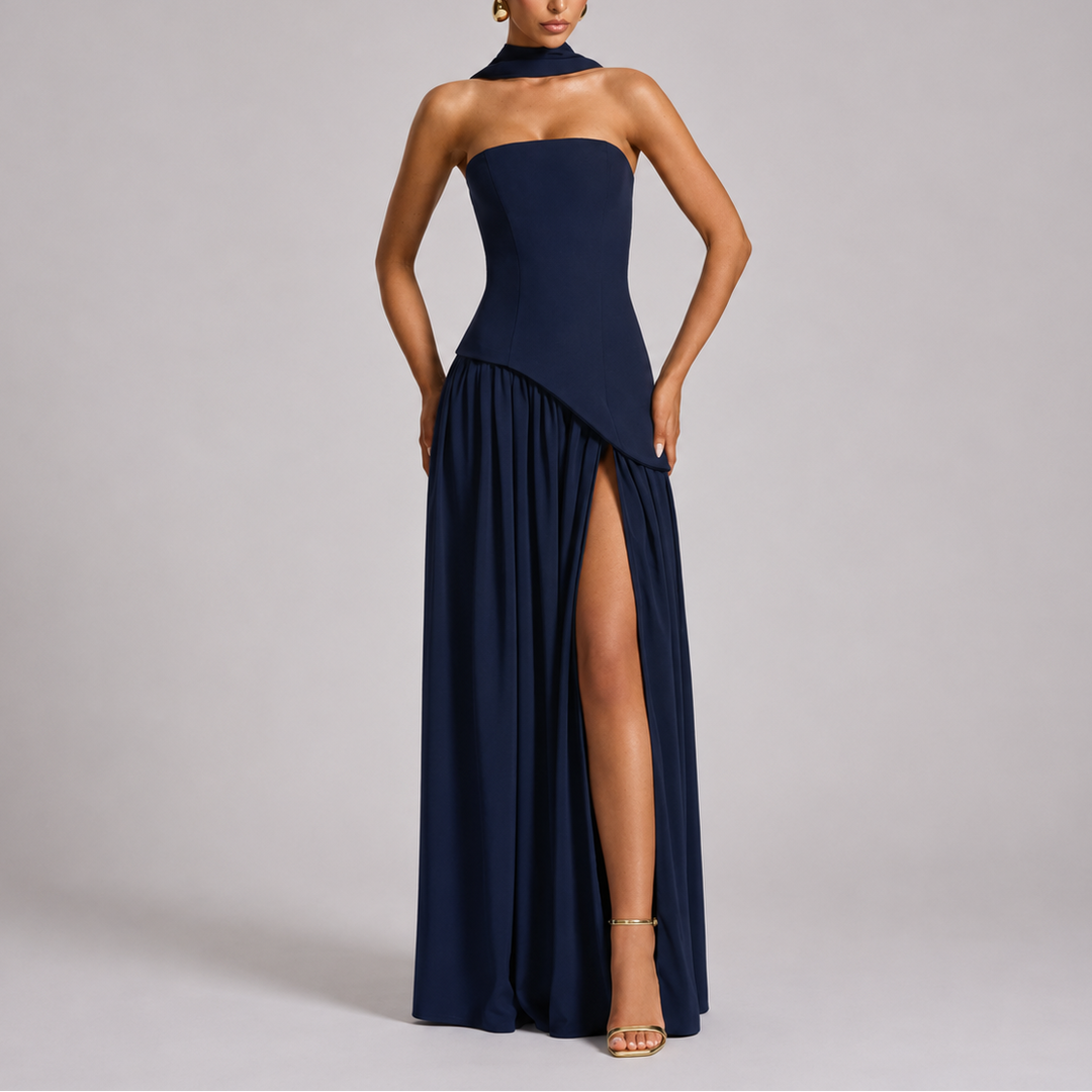 Cressida | Sleek Scarf Neck Backless Maxi Dress