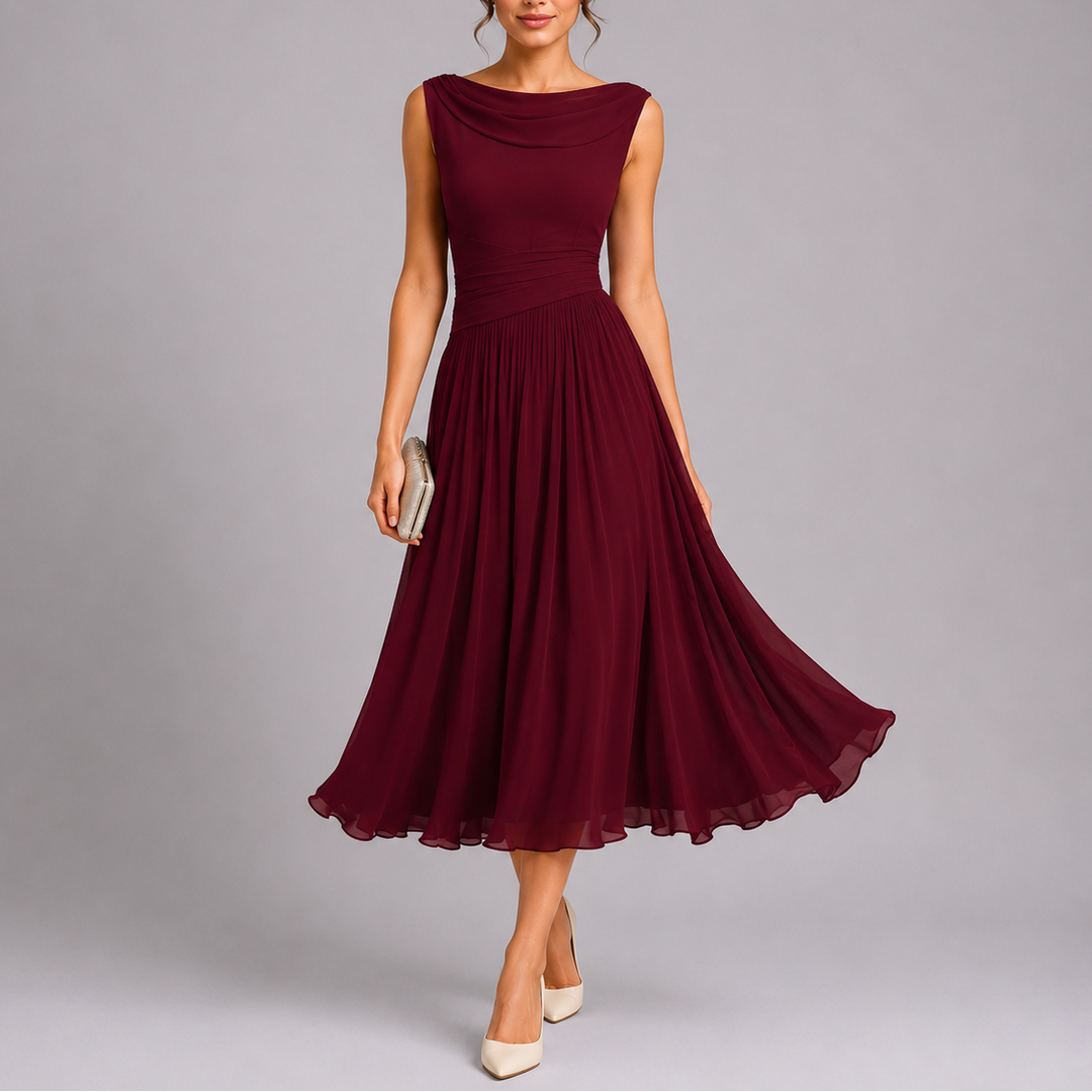 Iolanthe | Elegant Cowl Neck Pleated Midi Dress