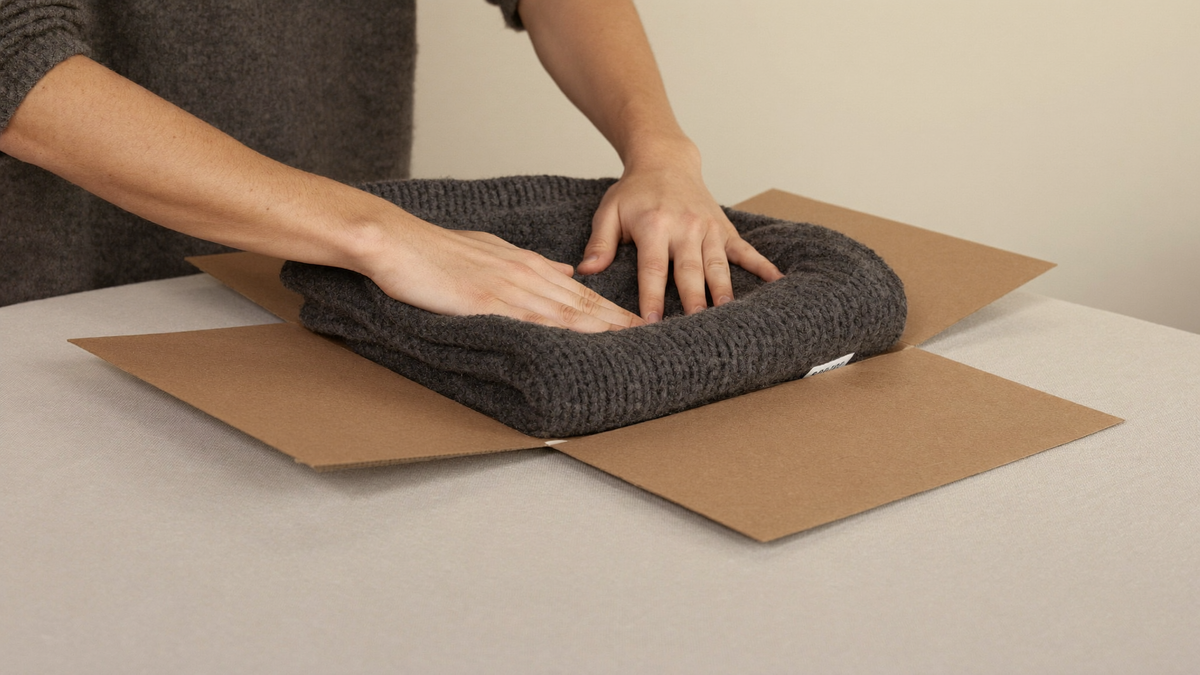 Hands folding a charcoal wool jumper into a kraft postal box on a pale linen table