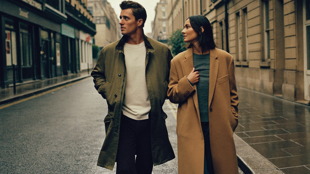 A man in an olive field jacket and a woman in a camel wool overcoat walking down a rain-damp London street in autumn