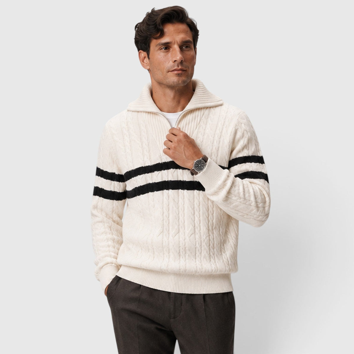 Clarence | Casual Striped Quarter-Zip Cable Knit Jumper
