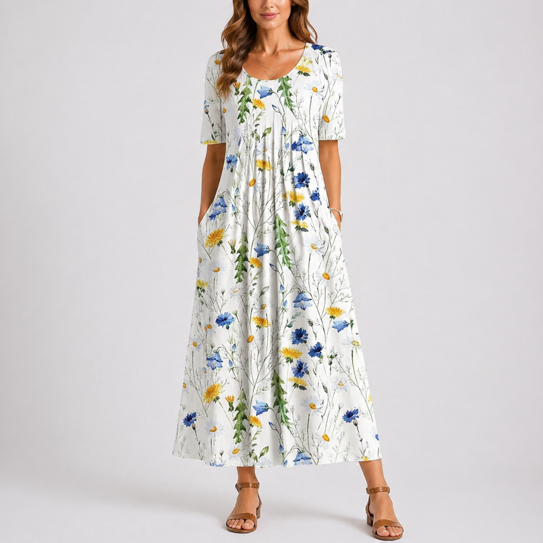 Amabel | Comfortable Ditsy Floral Midi Dress with Pockets