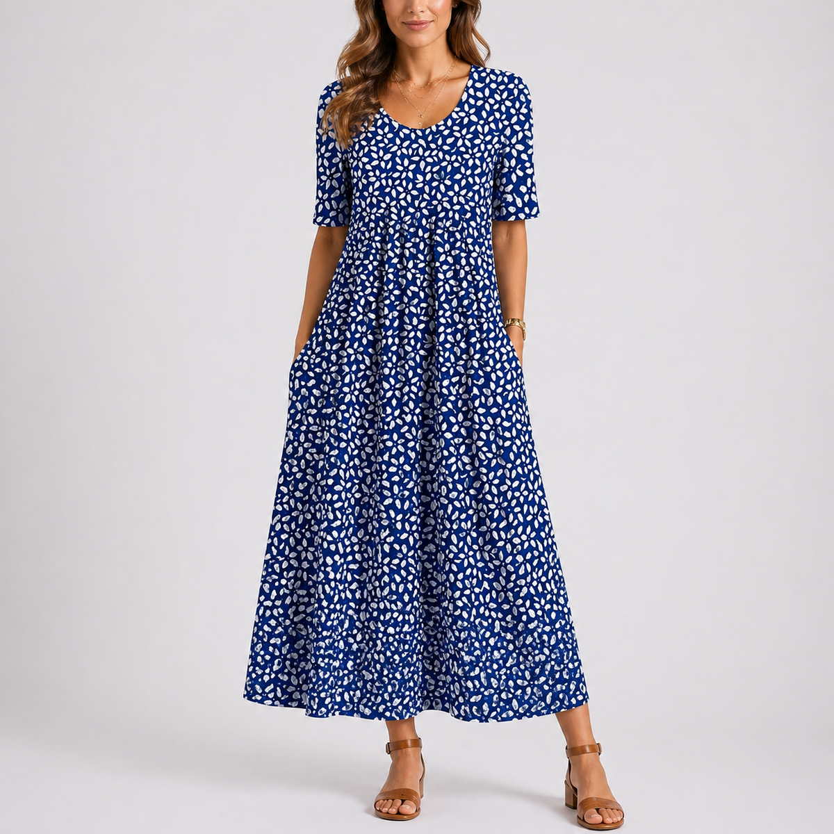 Amabel | Comfortable Ditsy Floral Midi Dress with Pockets