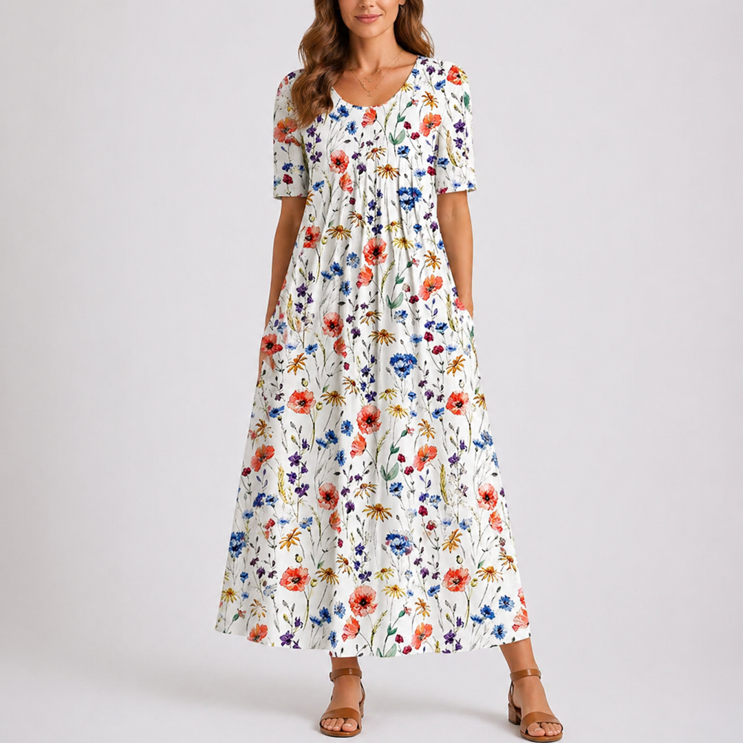 Amabel | Comfortable Ditsy Floral Midi Dress with Pockets